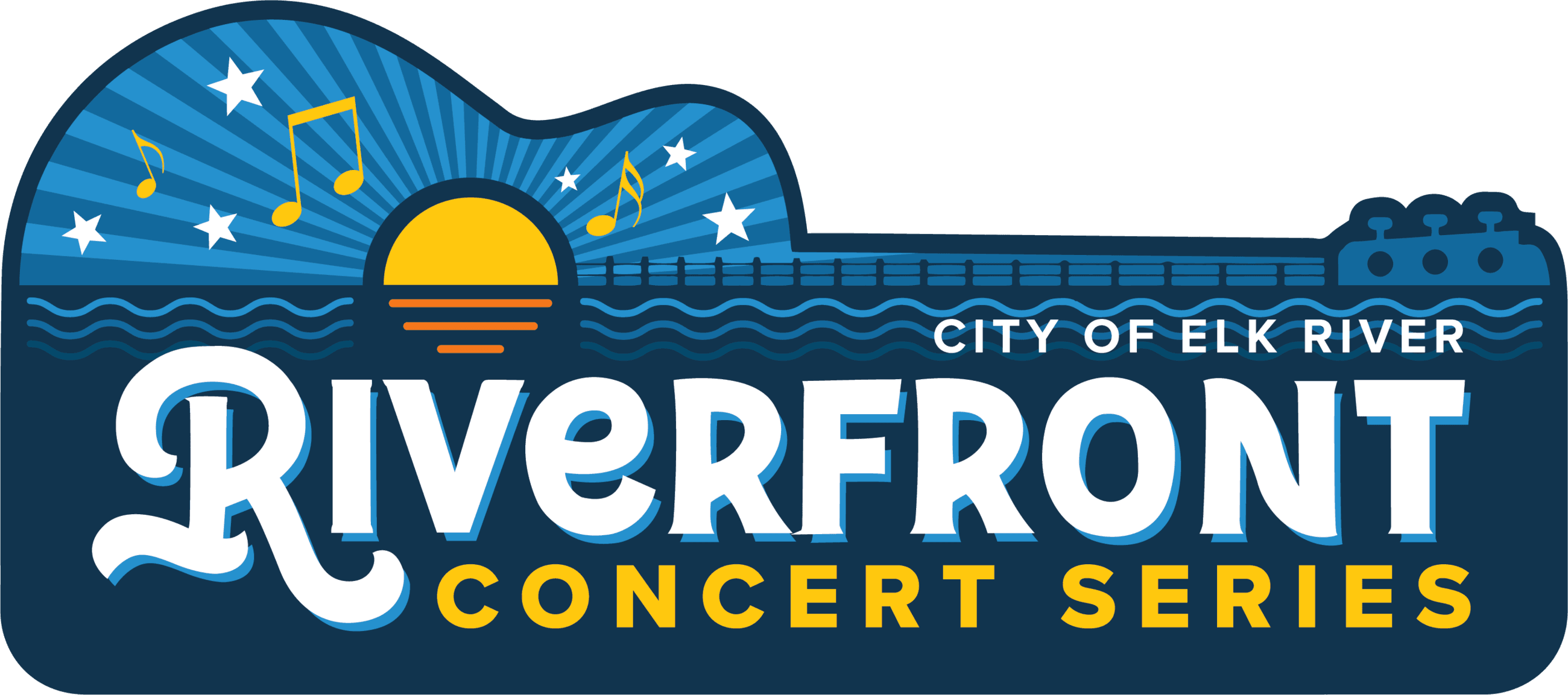 Image of concert logo shaped like half an acoustic guitar coming out of the water with City of Elk River Riverfront Concert Series written below